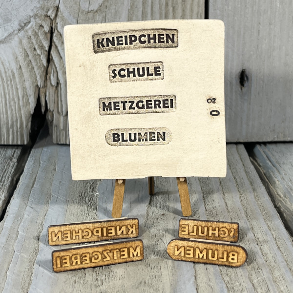 Stempel - Ladenschilder gerade - Kneipchen, Metzgerei, Blumen, Schule